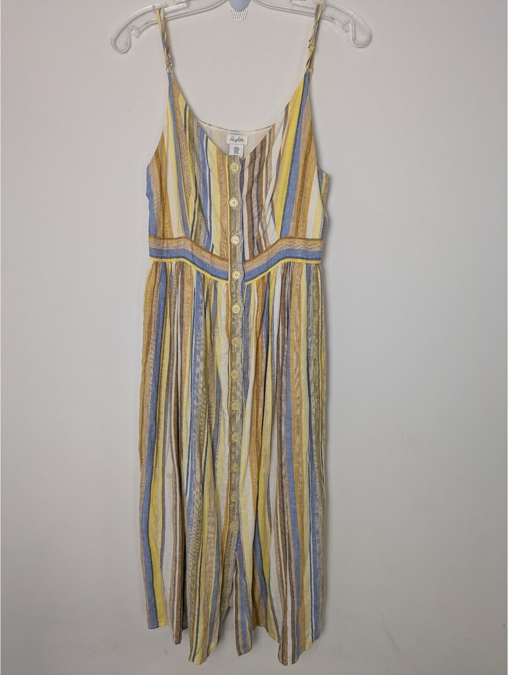 Heyton Yellow Blue Striped Linen Blend Button Down Cami Midi Dress Medium